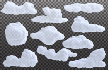 Collection realistic white cloud isolated on transparent background. Bright design element. Vector illustration.