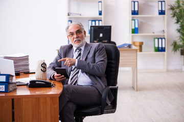 Old male businessman employee holding moneybag in the office