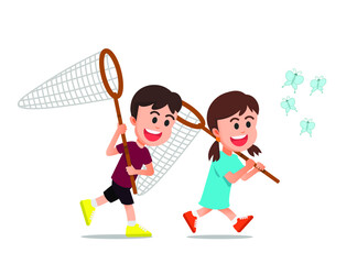 Two children try to catch a butterfly with their own net