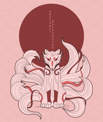 vector abstract illustration of japanese fantasy creature nine tailed fox kitsune in orange colours