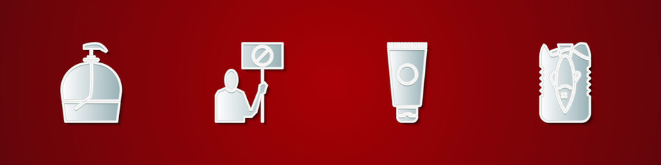 Set Bottle of liquid soap, Nature saving protest, Cream cosmetic tube and Stop ocean plastic pollution icon. Vector