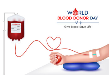 Blood donation concept with blood bag, hand and heart medical sign. Give blood save life, World blood donor day-June 14. 3D Vector EPS10 illustration.