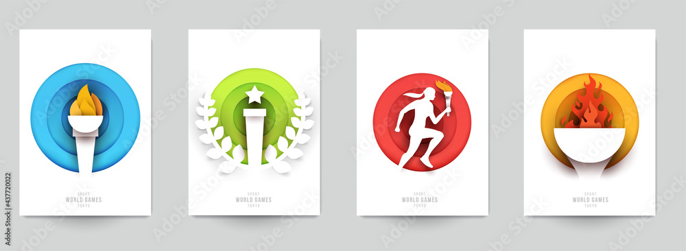 Wall mural set templates for action sport games in modern paper cut style. minimalistic design elements. creati