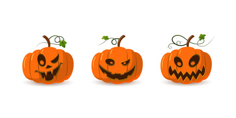 Halloween pumpkin icon 3D set. Autumn symbol. Cartoon horror design. Halloween scary pumpkin face, smile. Orange squash silhouette isolated white background. Harvest celebration Vector llustration