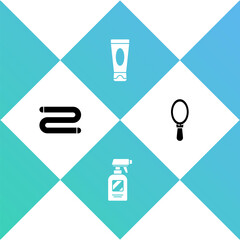Set Towel, Hairdresser pistol spray bottle, Cream or lotion cosmetic tube and Hand mirror icon. Vector