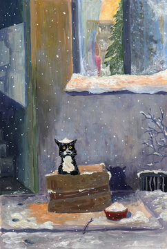 Hungry stray cat sitting in a box outside a building, gouache illustration 