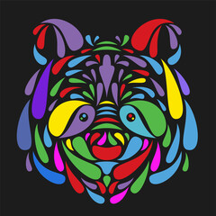 Silhouette of panda head from particles or leaves in hand drawn floral colorful style isolated on black background. Modern pop art graphic design element for label or poster. Vector art illustration.