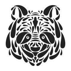 Silhouette of panda head from particles or leaves in hand drawn floral monochrome style isolated on white background. Modern graphic design element for label or poster. Vector art illustration.