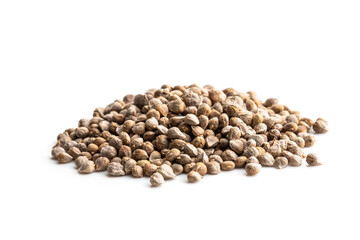 Pile of spinach seeds isolated on white. Ready to plant