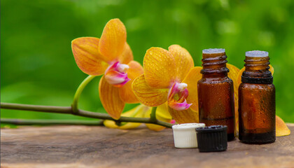 Fototapeta na wymiar Massage oil and stones with yellow orchid. Natural oils.