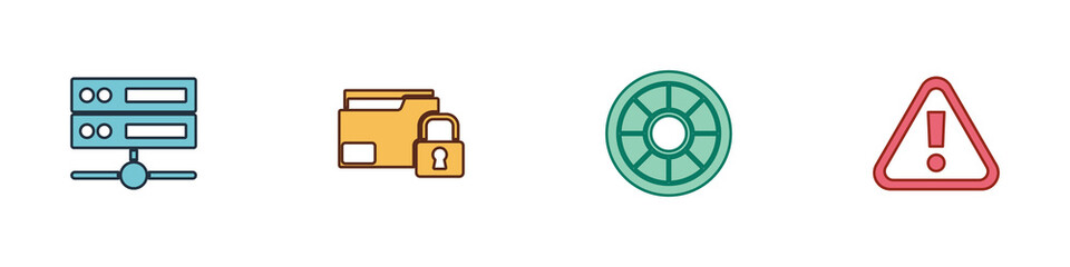 Set Server, Data, Web Hosting, Folder and lock, Safe and Exclamation mark triangle icon. Vector