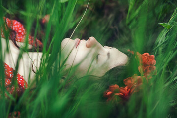 Beautiful girl in a red dress and with a flower crown on nature
