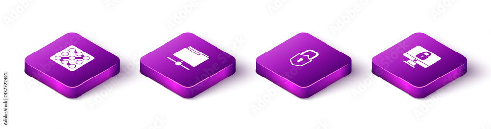 Poster set isometric graphic password protection, ftp folder, lock and computer monitor icon. vector