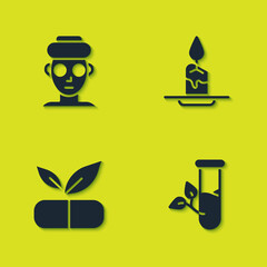 Set Facial cosmetic mask, Laboratory glass and leaves, Medical pill with plant and Aroma candle icon. Vector