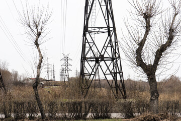 Electric city pole with gray sky and bare tree branches. High voltage pole.