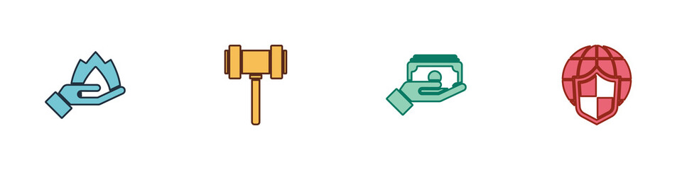 Set Hand holding a fire, Judge gavel, Stacks paper money cash and Shield with world globe icon. Vector