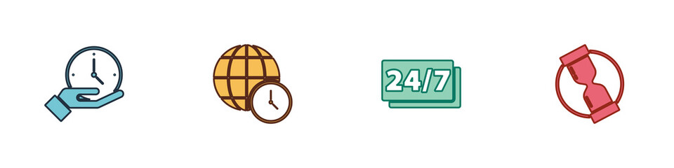 Set Clock, World time, 24 hours and Old hourglass icon. Vector