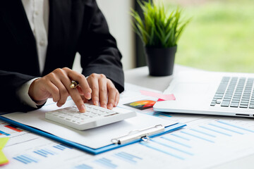 Businesswoman hands hold documents with financial statistic stock photo,discussion and analysis...