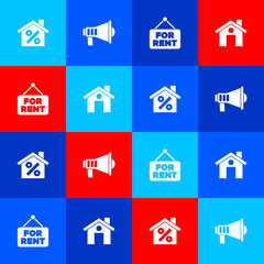 Set House with percant discount, Megaphone, Hanging sign For Rent and icon. Vector