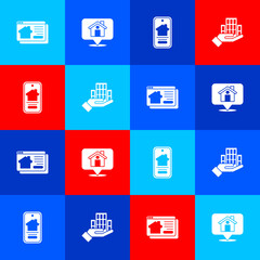 Set Online real estate house, Location with, and Skyscraper icon. Vector