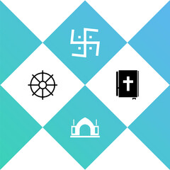 Set Dharma wheel, Hindu spiritual temple, swastika and Holy bible book icon. Vector