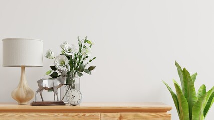 Interior wall mock up with flower vase,white wall and wooden shelf.