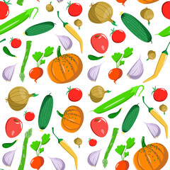Seamless pattern with vegetables in a cartoon style. Vector texture. Flat icons pepper, pumpkin, asparagus, and tomato. Vegetarian healthy food. Vegan, Farm, Organic, Natural background