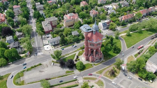 Aerial view of a historic water tower in Wroclaw, Poland