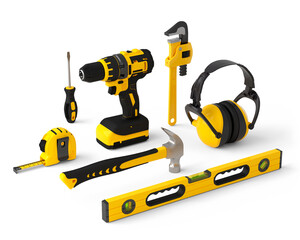 Isometric view of yellow construction tools for repair on white