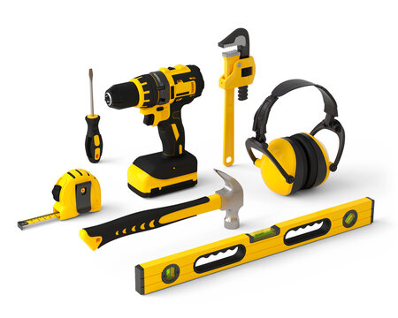 Isometric View Of Yellow Construction Tools For Repair On White