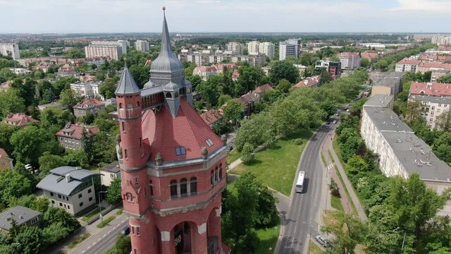 Aerial view of a historic water tower in Wroclaw, Poland