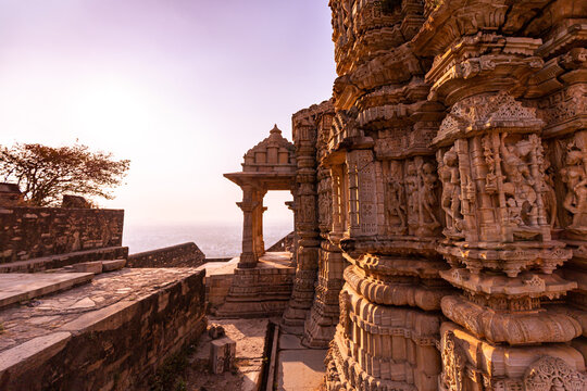 Stone carvings in the evening light at Chittorgarh fort, India