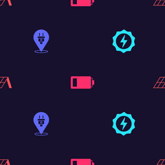 Set Lightning bolt, Electric plug, Battery and Solar energy panel on seamless pattern. Vector