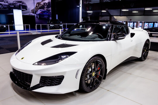 Lotus Evora 400 sports car showcased at the Brussels Expo Autosalon motor show.