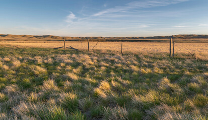 Evening view of an old fence in Grasslands National Park, Saskatchewan, Canada