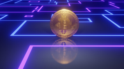 Golden bitcoin on a stylized mainboard as 3d illustration