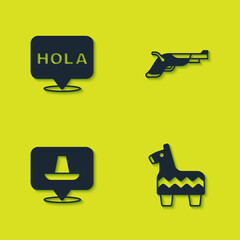 Set Hola, Pinata, Mexican sombrero and Vintage pistols icon. Vector