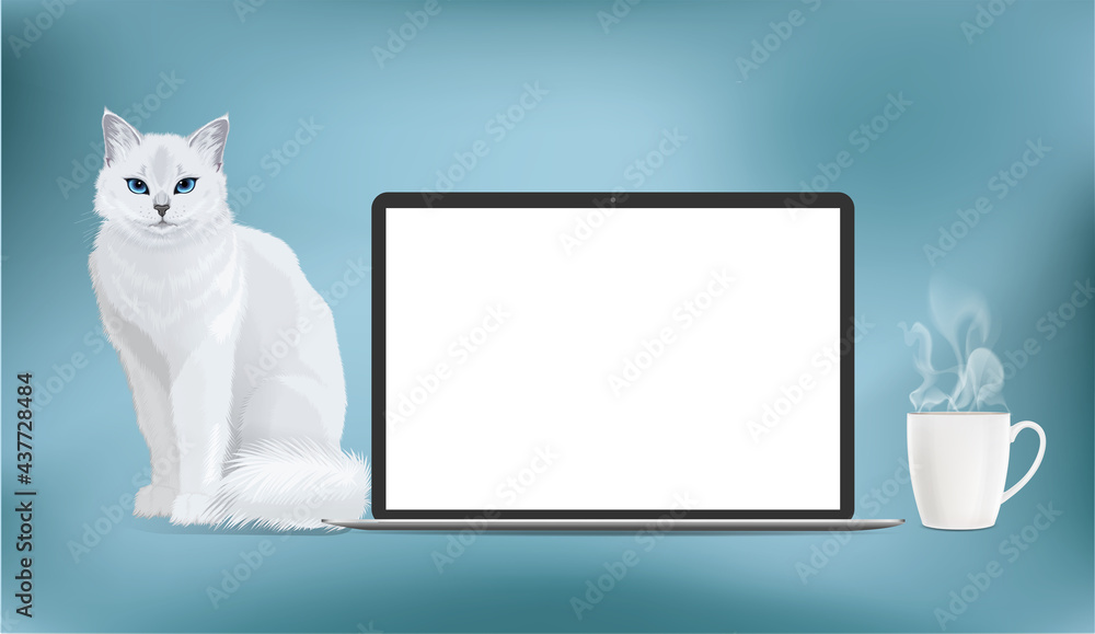 Wall mural vector mock up realistic laptop with blank screen display and white cat and coffee cup near a comput