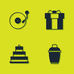 Set Vinyl player with disk, Cocktail shaker, Cake burning candles and Gift box icon. Vector