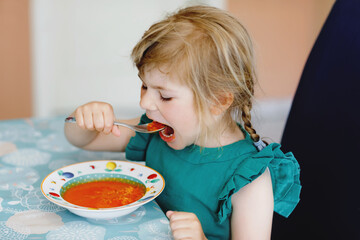 Little preschool girl eating healthy vegetable tomato soup for lunch. Cute happy child taking food at home or nursery daycare or kindergarten. Healthy meal for children with fresh vegetables.