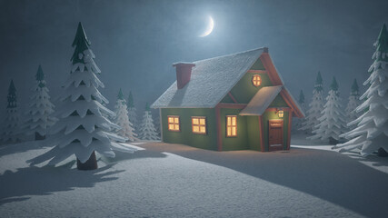Stylized abstract advent background 3d illustration with cabin in forest
