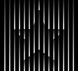 Abstract unusual star sign logo on geometric black and white gradient stripes background. Luxury stripe pattern. Vector seamless fabric texture.