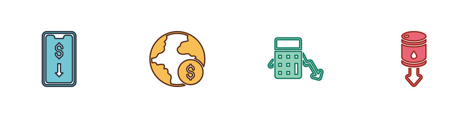Set Mobile stock trading, Global economic crisis, Calculation of expenses and Drop crude oil price icon. Vector