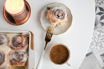 Breakfast still life with vintage style tableware.