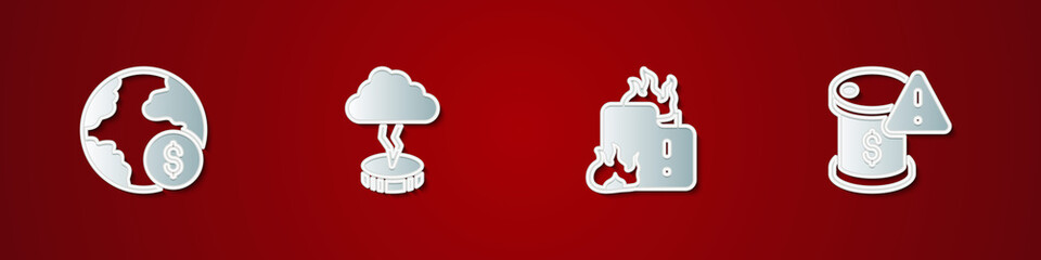 Set Global economic crisis, Storm, Fire in burning house and Drop crude oil price icon. Vector