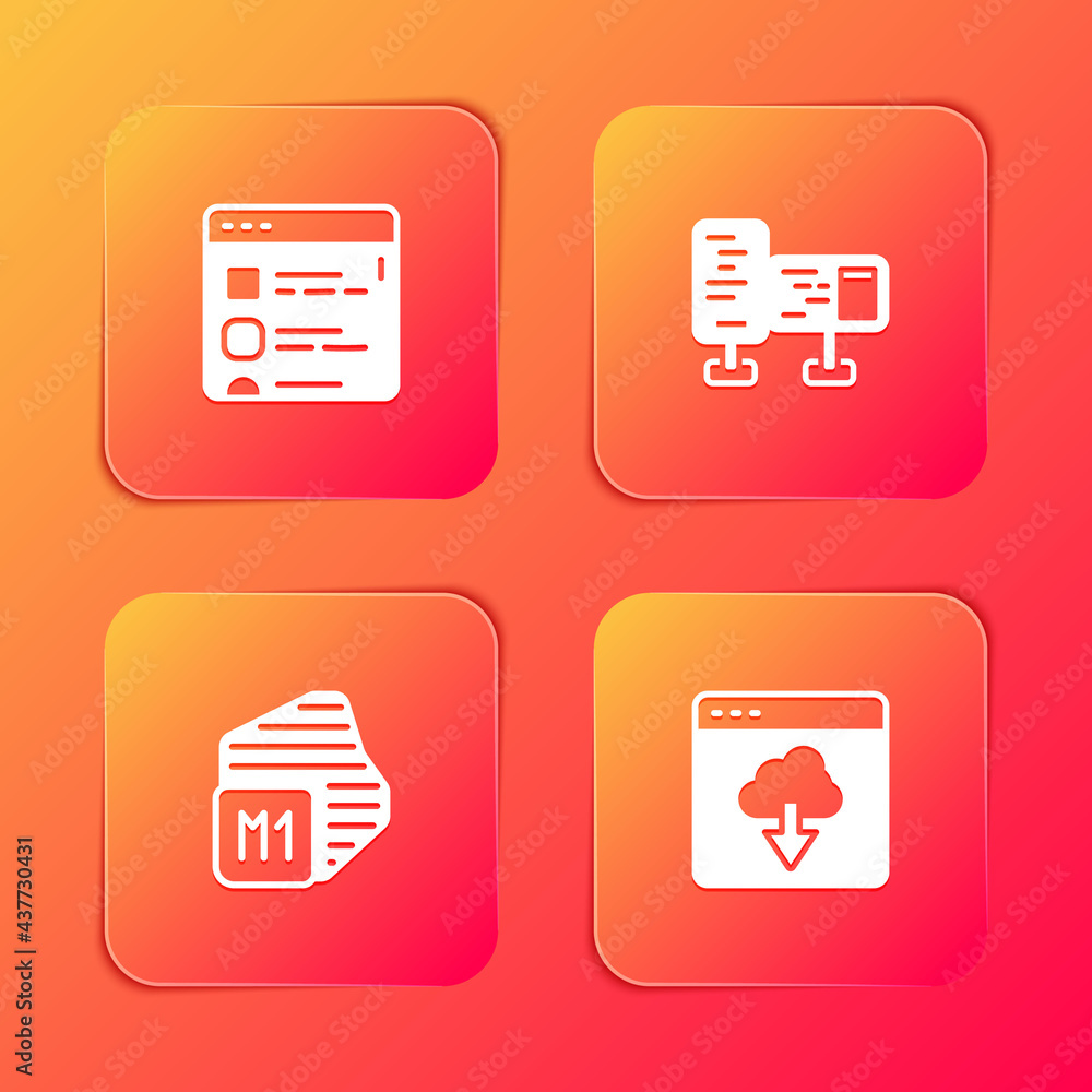 Poster set browser files, computer monitor screen, processor and cloud technology data transfer icon. vecto