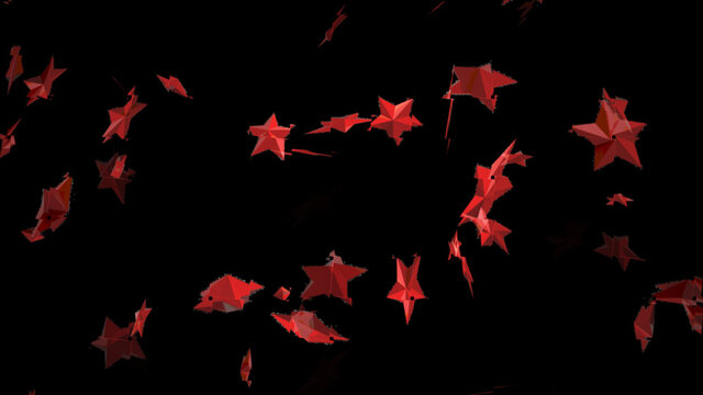Abstract random flight of red stars in outer space. 4K. Futuristic beautiful background. Isolated black background.