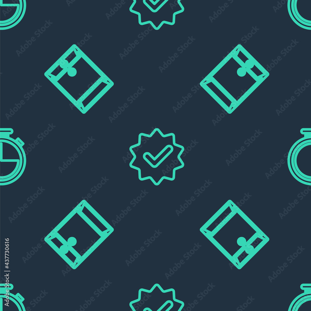 Aufkleber set line approved and check mark, envelope and stopwatch on seamless pattern. vector