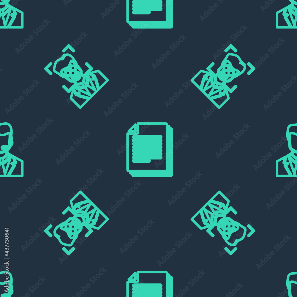 Poster set line document, face recognition and man with headset on seamless pattern. vector