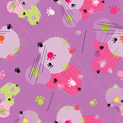 Abstract repeating pattern of multicolored stripes, animal footprints and spots